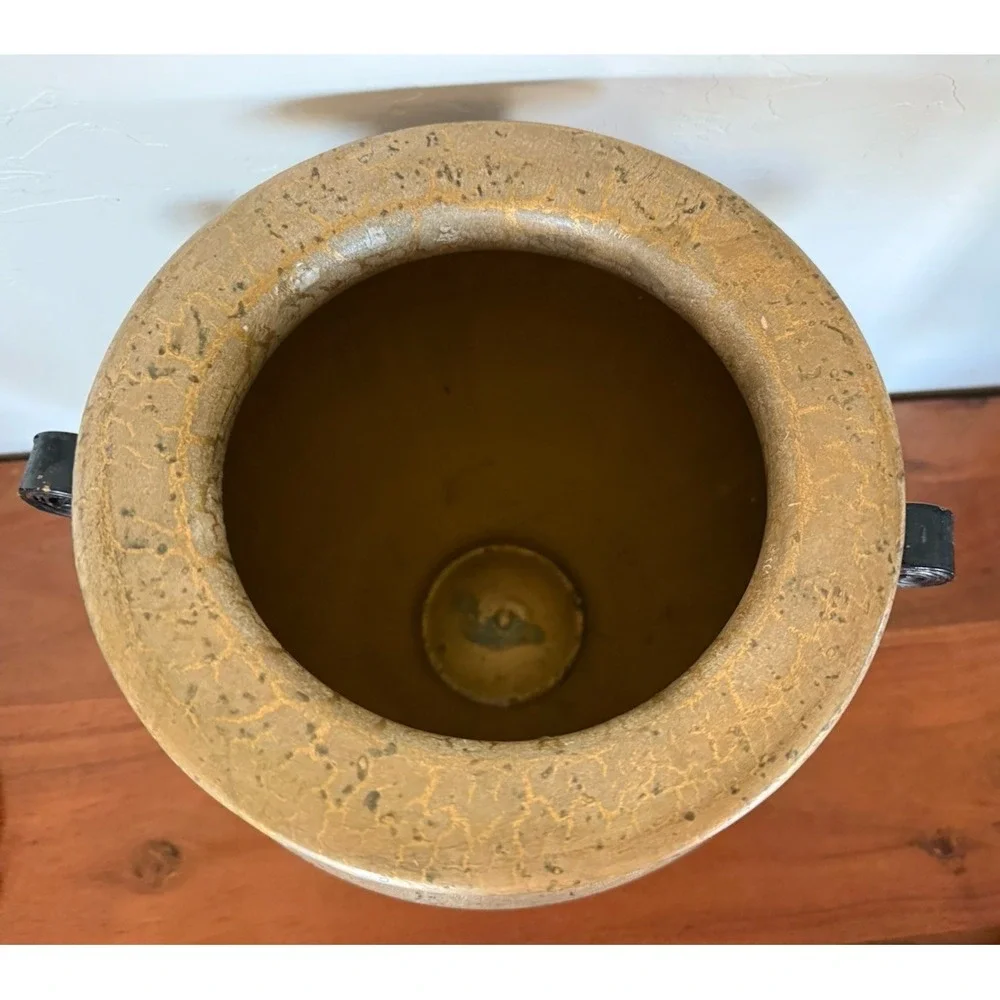 VTG Mid‎ Century Fine Crackle Glaze Vase in Metallic Gold Black Decor Handles